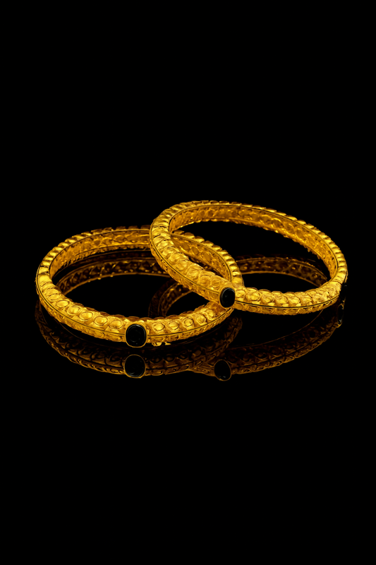 Antique-Finish Textured Bangles with Black Stone (Pair)